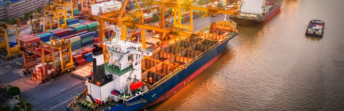 Cargo ship sits in body of water with containers off to the left side on land